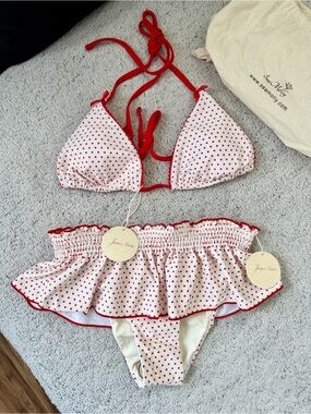 Red Polka Dot Bikini Set with Ruffled Skirt Detail